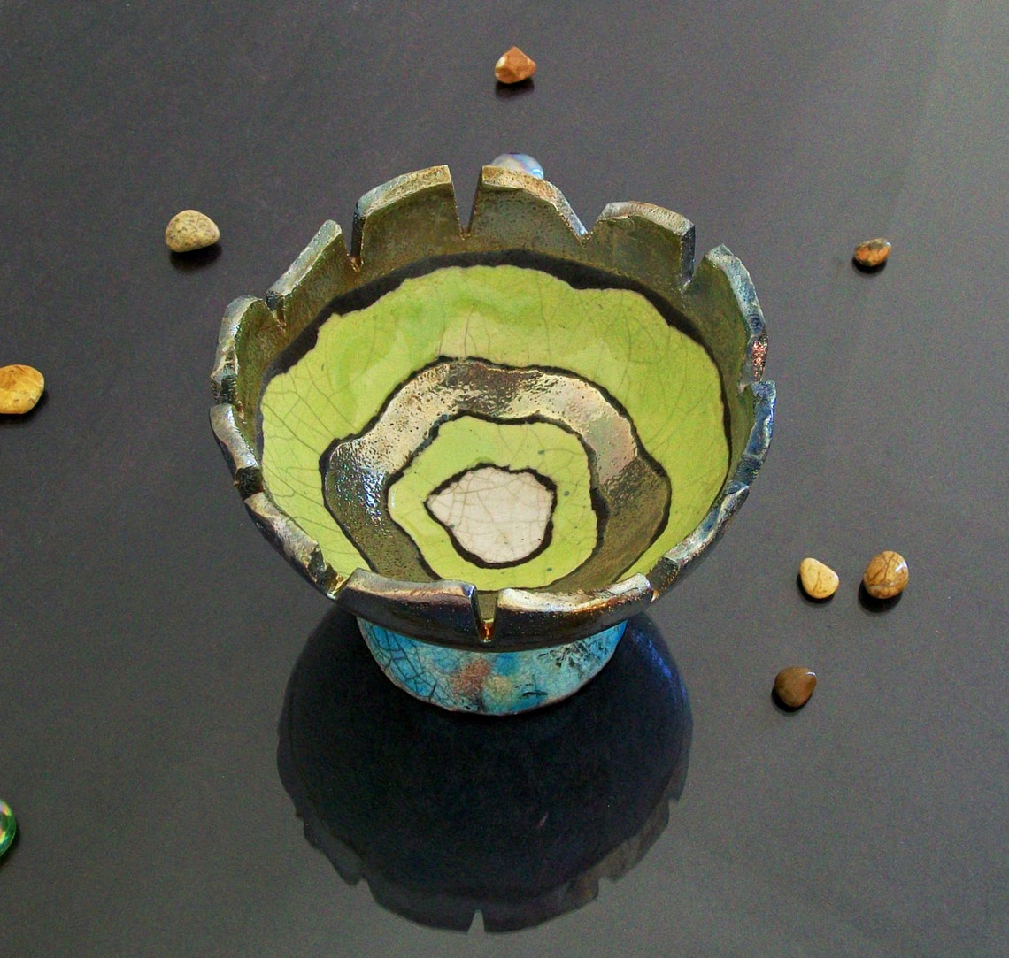 Antediluvian Raku Bowl – Ancient Pedestal Vessel With Toothed Golden ...