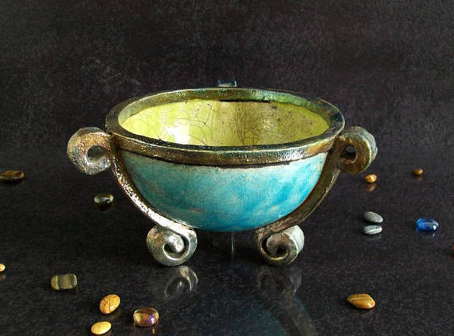 Raku Pottery cauldron bowl with feet ritual bowl for healing Etsy