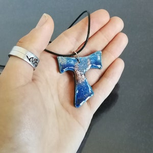 raku pottery blue tau cross pendant, tau necklace, saint francis cross, franciscan tau, catholic jewelry, tau jewelry, first communion cross image 8