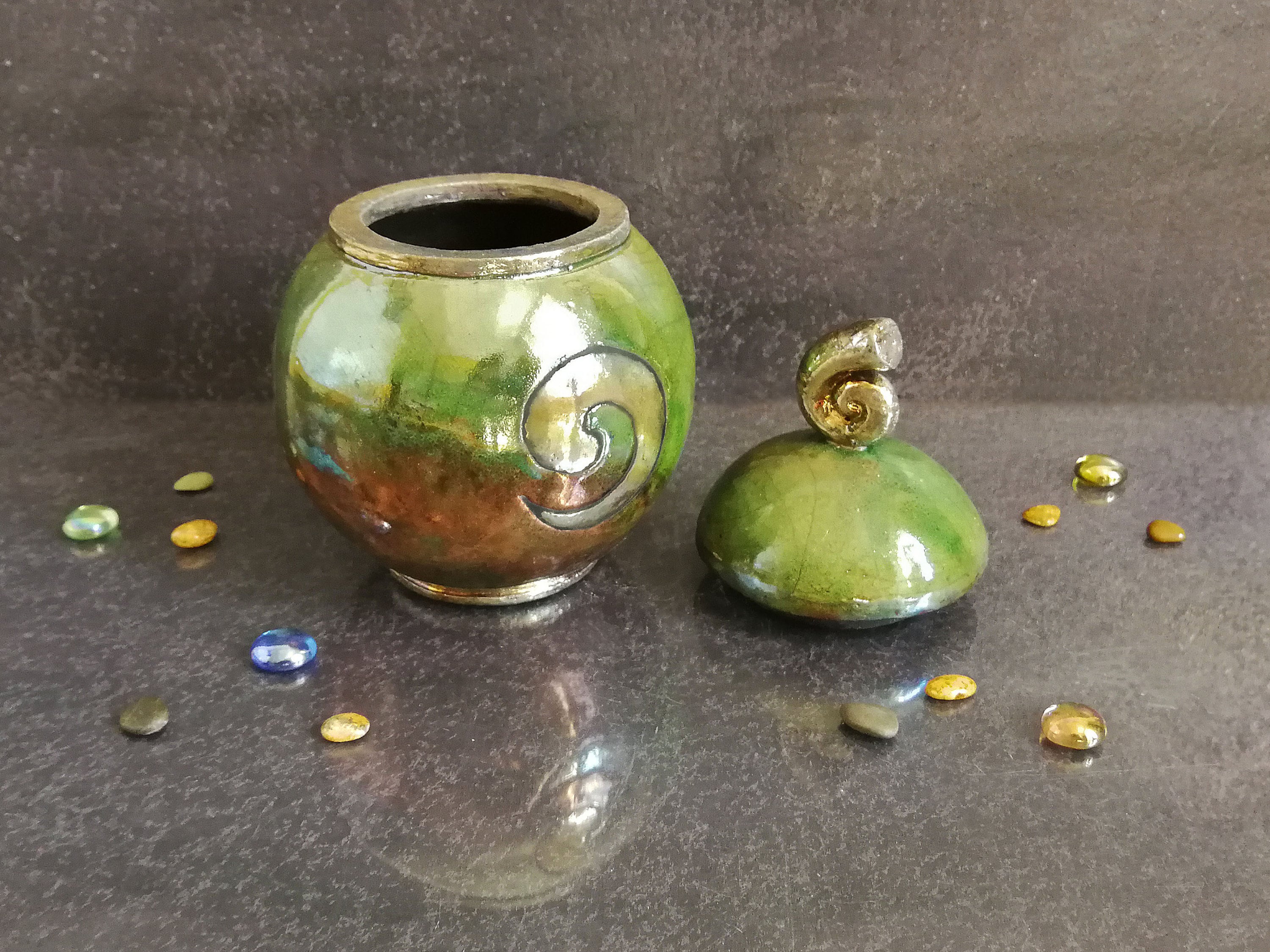 Raku pottery green jar with lid, sugar jar pottery, tea canister, coffee canister ceramic, spice jar, biscuit jar, cookie jar with lid