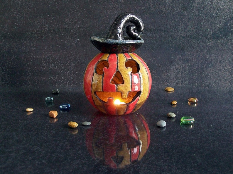 Halloween pumpkin candle holder, jack o lantern Essential Oil Diffuser, Raku pottery oil warmer, halloween decor, ceramic pumpkin lantern image 1