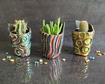 Raku pottery colorful planter set of 3, also available individually, minimalist coastal wavy planter pot, colorful and geometrical pattern