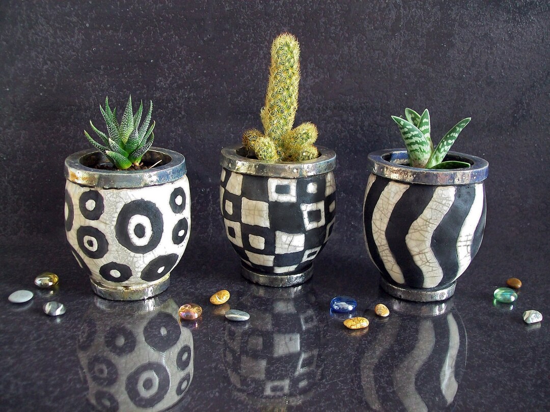 Raku Ceramic Geometric Patterned Planters, Black and White Planters for ...