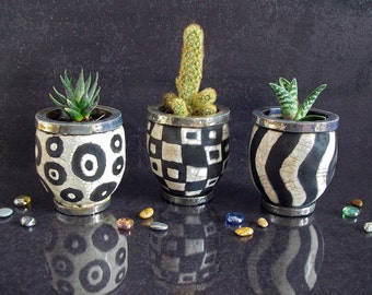 Raku ceramic geometric patterned planters, black and white planters for succulent, set of 3 planter pot, small planter glazed, mini planter