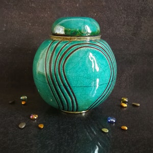 Raku ceramic spherical turquoise urn for human or pet ashes, various colors available, engravable, capacity 18 / 45 / 85 / 180 cubic inches image 5