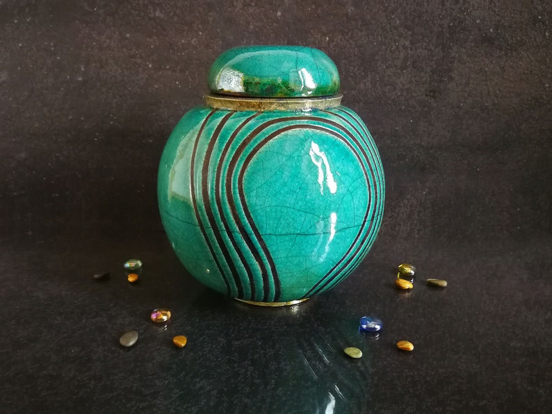 Raku ceramic spherical turquoise urn for human or pet ashes, various colors available, engravable, capacity 18 / 45 / 85 / 180 cubic inches image 5