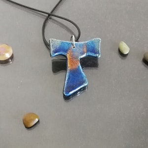 raku pottery blue tau cross pendant, tau necklace, saint francis cross, franciscan tau, catholic jewelry, tau jewelry, first communion cross image 4