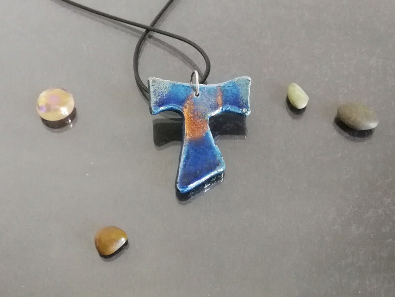 raku pottery blue tau cross pendant, tau necklace, saint francis cross, franciscan tau, catholic jewelry, tau jewelry, first communion cross image 4