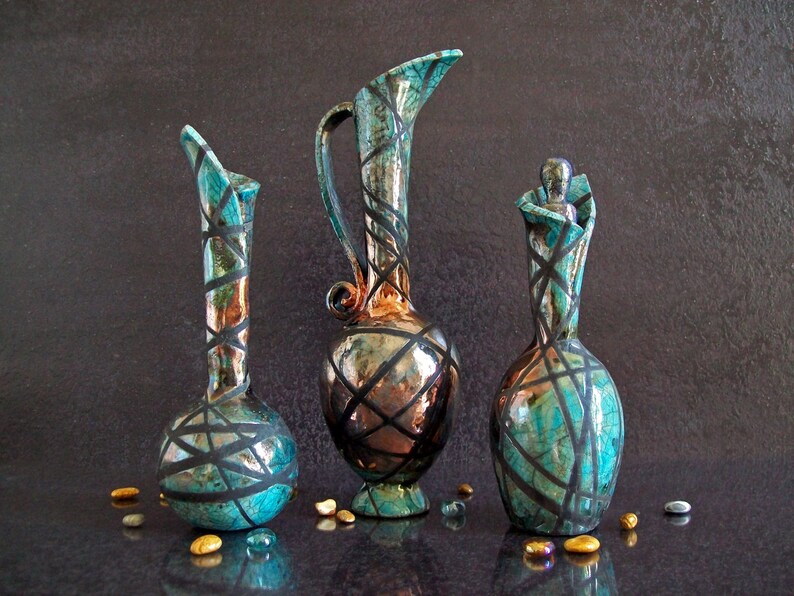 raku vase set of 3, set of vases, turquoise vase set, collectible vase centerpieces, tiny vases, crackle glaze vase, ampoule, bottle, jug image 1
