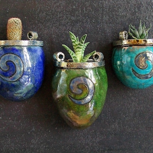 Raku Wall Vases with Golden Swirls - Handmade Ceramic Decorative Planters in Crackle Glaze, Customizable, Sold Individually or Set