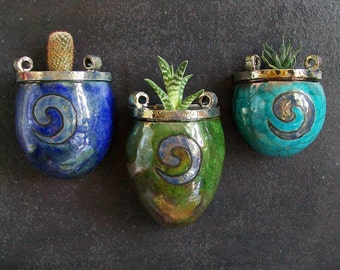 raku ceramic wall planter vases set available individually or the full set, pretty wall pots decorated with crackle glaze and golden swirls