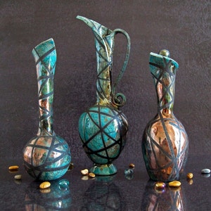 raku vase set of 3, set of vases, turquoise vase set, collectible vase centerpieces, tiny vases, crackle glaze vase, ampoule, bottle, jug image 3
