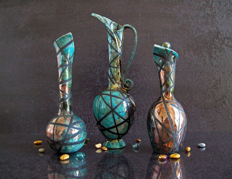 raku vase set of 3, set of vases, turquoise vase set, collectible vase centerpieces, tiny vases, crackle glaze vase, ampoule, bottle, jug image 3