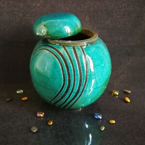 Raku ceramic spherical turquoise urn for human or pet ashes, various colors available, engravable, capacity 18 / 45 / 85 / 180 cubic inches image 4