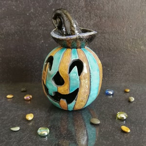 Raku Mystic Jack-o'-Lantern – Turquoise Ceramic Pumpkin Candle Holder & Oil Burner – Halloween Decoration – Handmade Italian Pottery image 5