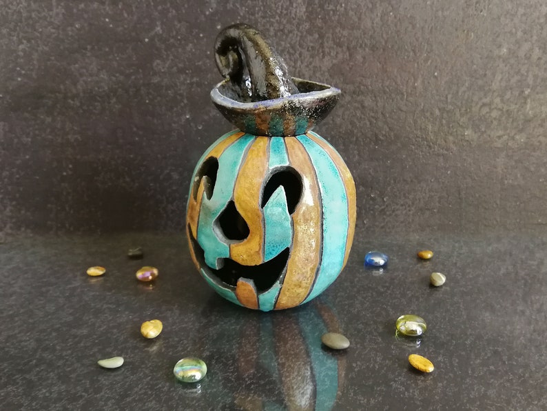 Raku Mystic Jack-o'-Lantern – Turquoise Ceramic Pumpkin Candle Holder & Oil Burner – Halloween Decoration – Handmade Italian Pottery image 5