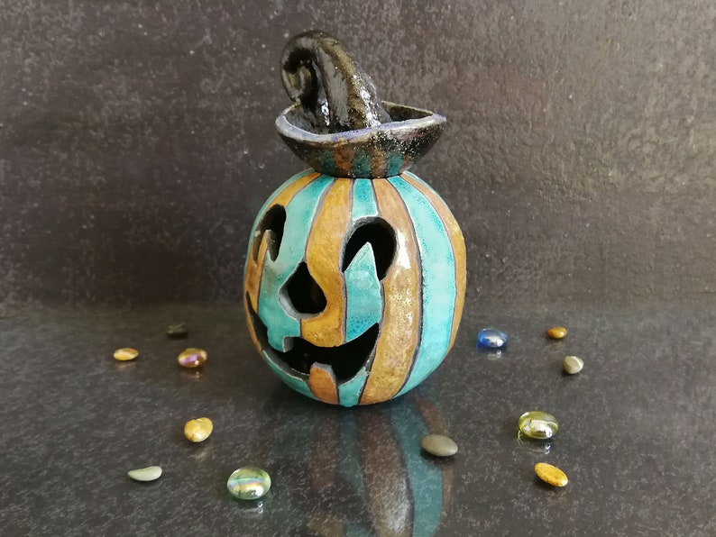 raku pottery jack o lantern, Halloween pumpkin Essential Oil Diffuser, halloween Candle holder, halloween decoration, halloween oil warmer image 5