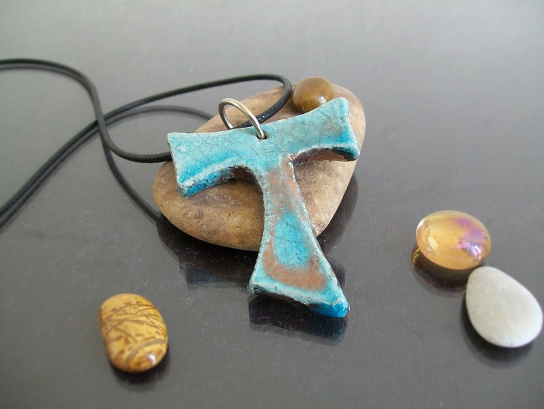 raku pottery turquoise Tau Cross Pendant, ceramic tau necklace, religious cross, st francis tau cross, franciscan cross, communion gift image 4