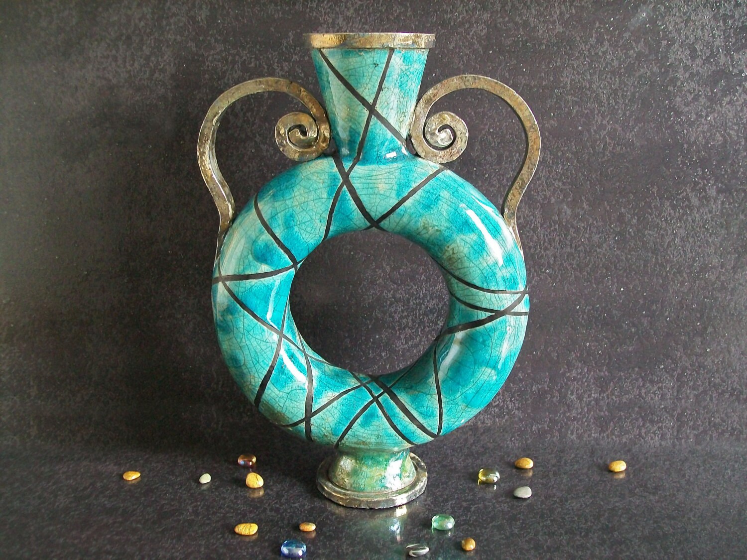 Neptune's Eye Raku Ring Vase - Decorative Handmade Centerpiece With ...