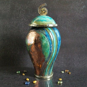 Raku colorful Urn, blue striped urn, cremation urn for ashes, keepsake urn, adult urn human, pet urn, personalized urn, cat urn, dog urn image 2