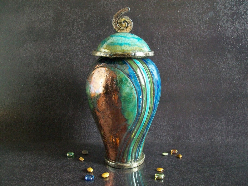 Raku colorful Urn, blue striped urn, cremation urn for ashes, keepsake urn, adult urn human, pet urn, personalized urn, cat urn, dog urn image 2