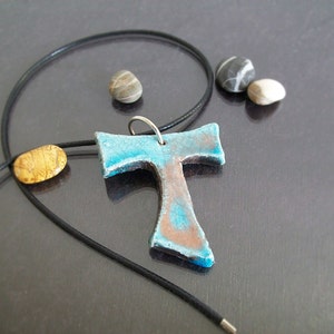 raku pottery turquoise Tau Cross Pendant, ceramic tau necklace, religious cross, st francis tau cross, franciscan cross, communion gift image 3