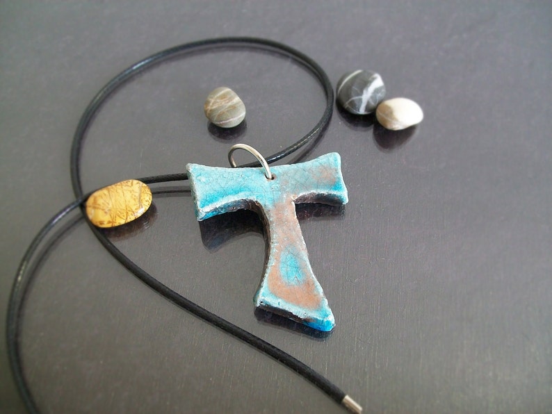 raku pottery turquoise Tau Cross Pendant, ceramic tau necklace, religious cross, st francis tau cross, franciscan cross, communion gift image 3