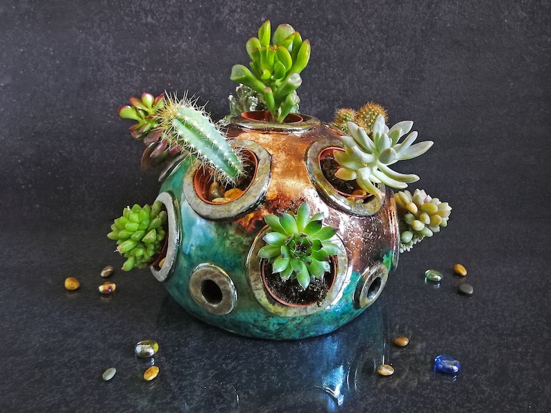 Raku ceramic spherical display for small succulents, mini dome garden for succulent or plants compositions, customizable color image 1