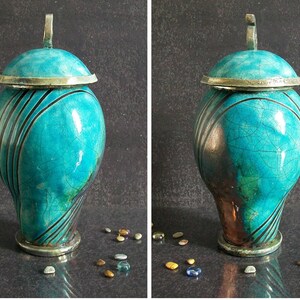 Raku elegant cremation urn for ashes turquoise crackle glaze with black stripes pattern, for human or pet, various colors and size available image 7