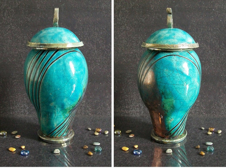 Raku elegant cremation urn for ashes turquoise crackle glaze with black stripes pattern, for human or pet, various colors and size available image 7