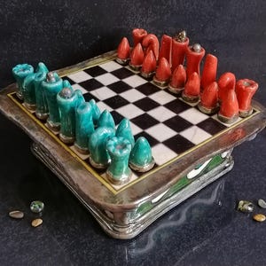 Neptune’s Chessboard – 2 in 1 Chess & Checkers Set in Raku Ceramic with Internal Storage, Customizable Colors