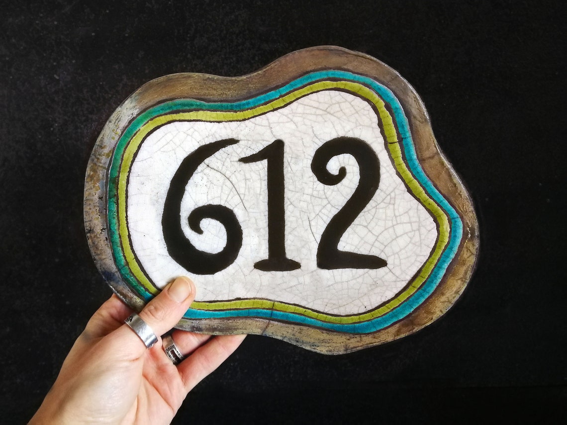 Raku Ceramic House Number Tile Plaque With Wavy Colorful Frame Etsy