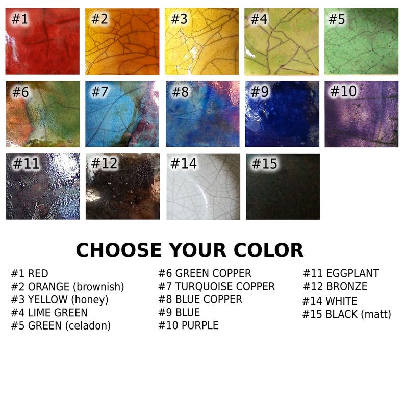 May include: A colour chart displaying fifteen textured colour swatches. The colours include red, orange, yellow, lime green, green, green copper, turquoise copper, blue copper, blue, purple, aubergine, bronze, white, and black.