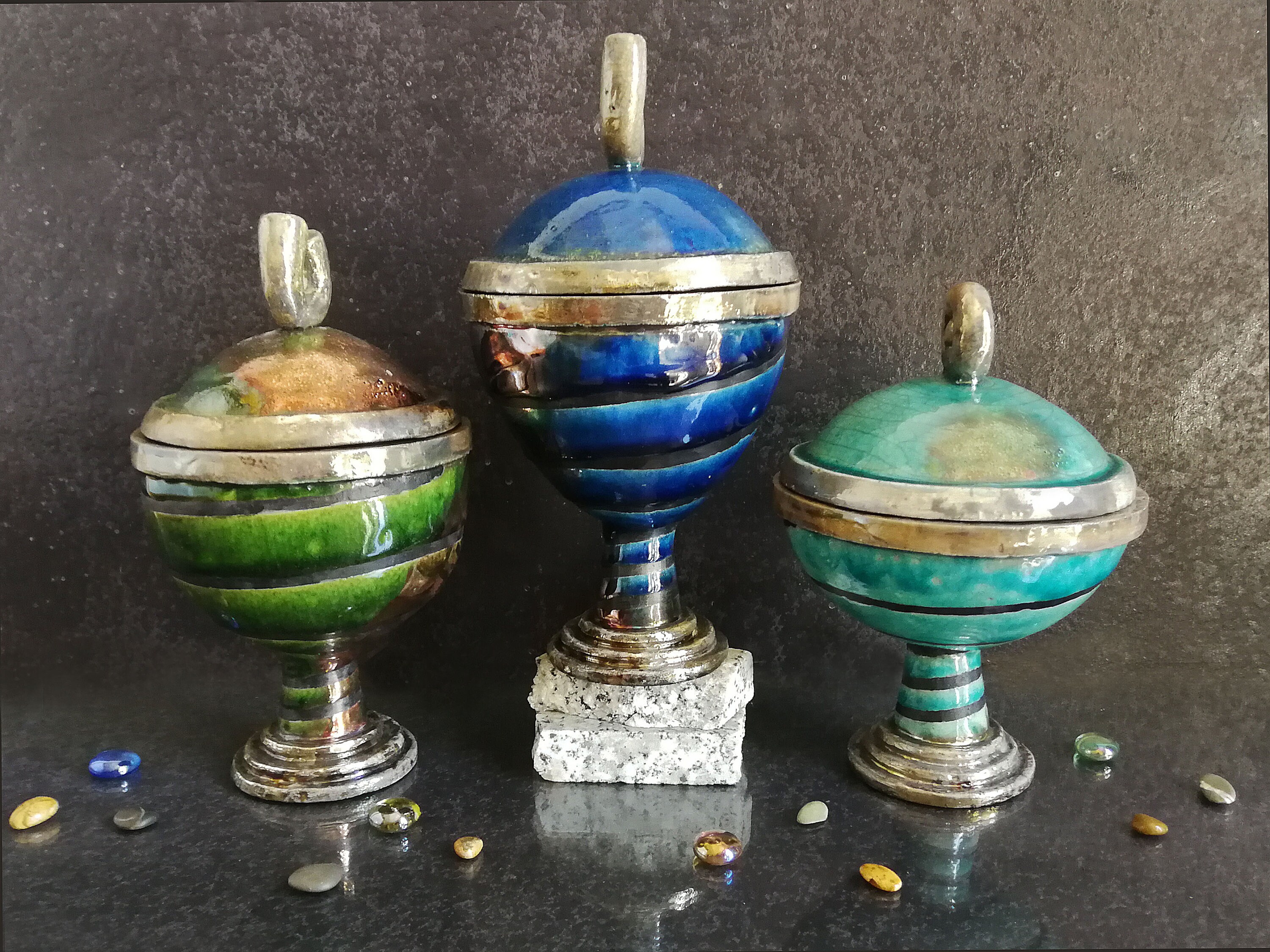 Raku Ceramic Set of Three Pedestal Vases / Jars With Lid Teal Etsy UK