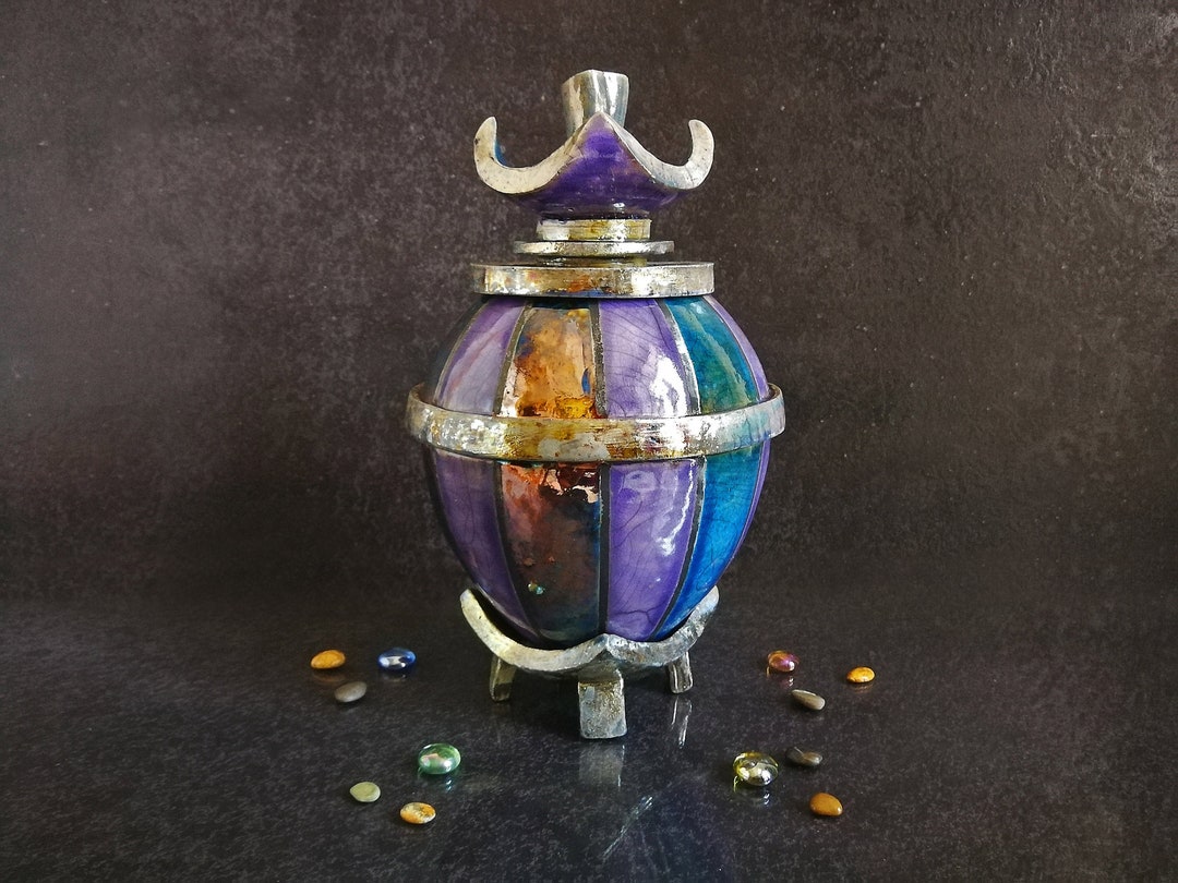 Ceramic Raku Lotus Flower Urn Decorated With Vertical Stripes Blue