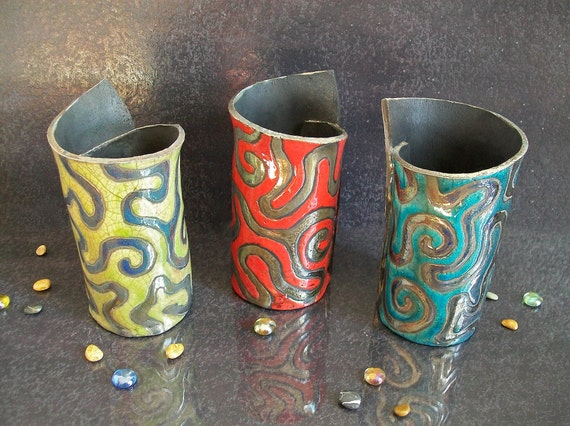 Raku Pottery Cylinder Vase Set Colorful Vases With Golden Etsy