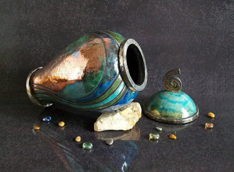 Raku colorful Urn, blue striped urn, cremation urn for ashes, keepsake urn, adult urn human, pet urn, personalized urn, cat urn, dog urn image 5