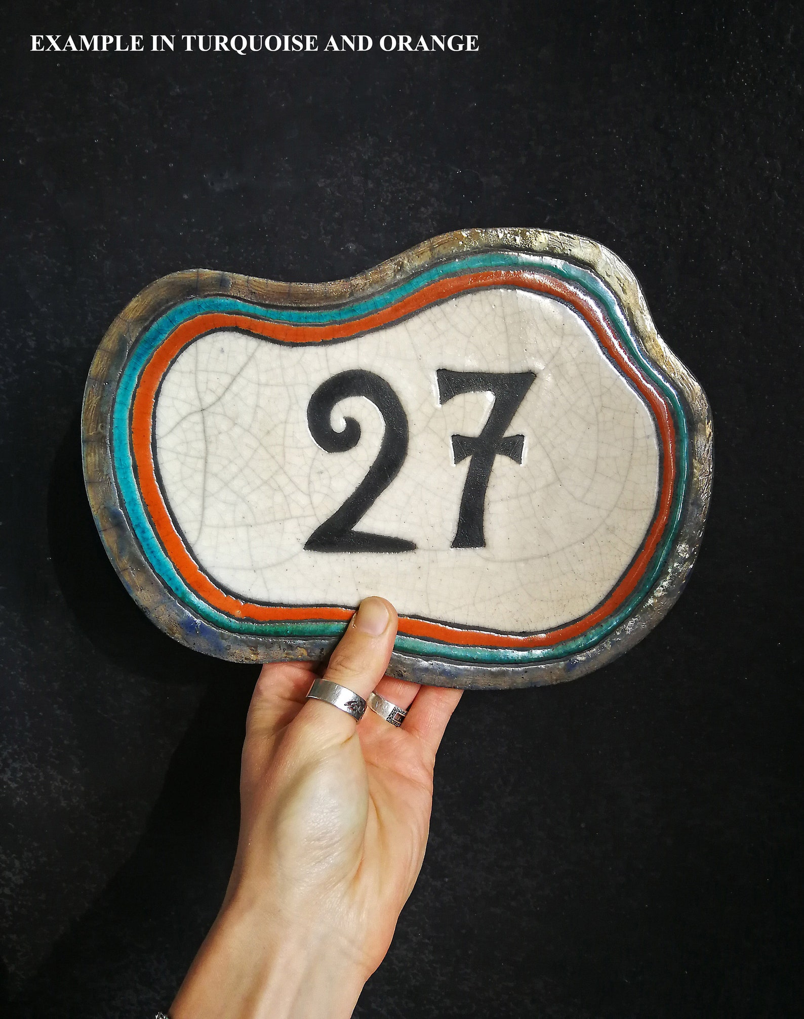 Raku ceramic house number tile plaque with wavy colorful frame Etsy