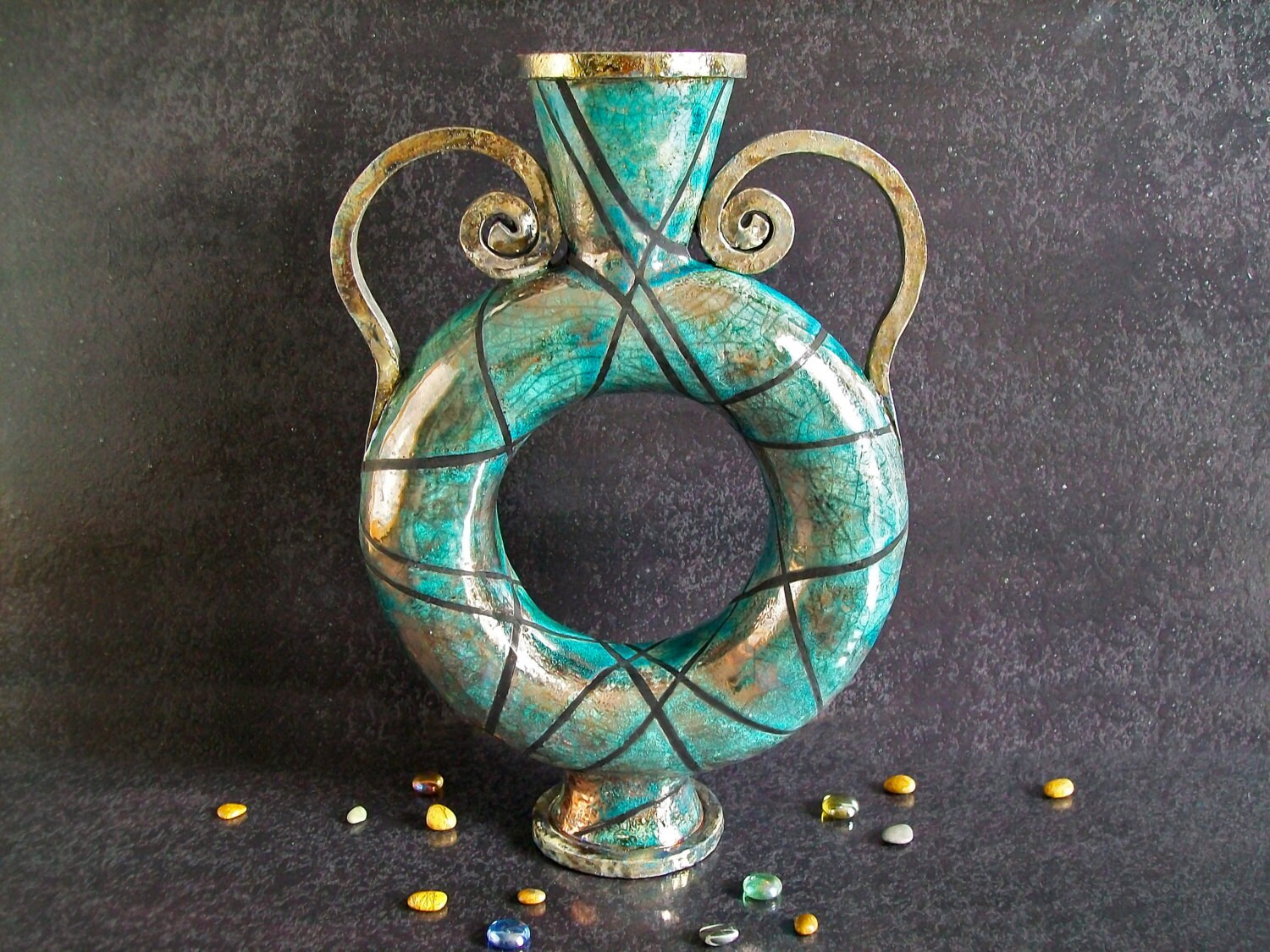 Neptune's Eye Raku Ring Vase - Decorative Handmade Centerpiece With ...
