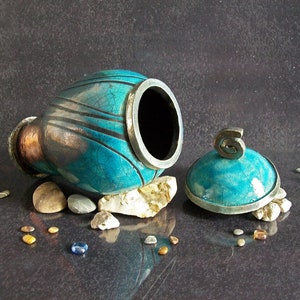 Raku elegant cremation urn for ashes turquoise crackle glaze with black stripes pattern, for human or pet, various colors and size available image 4