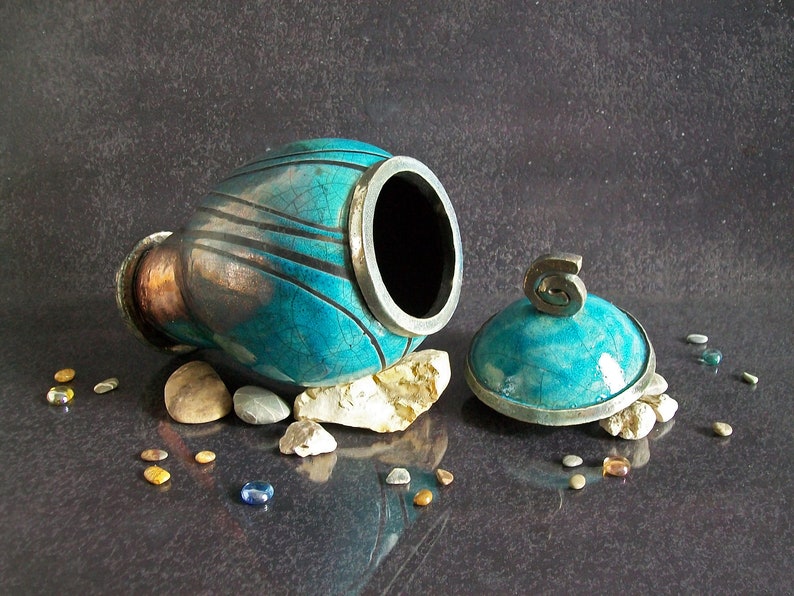 Raku elegant cremation urn for ashes turquoise crackle glaze with black stripes pattern, for human or pet, various colors and size available image 4