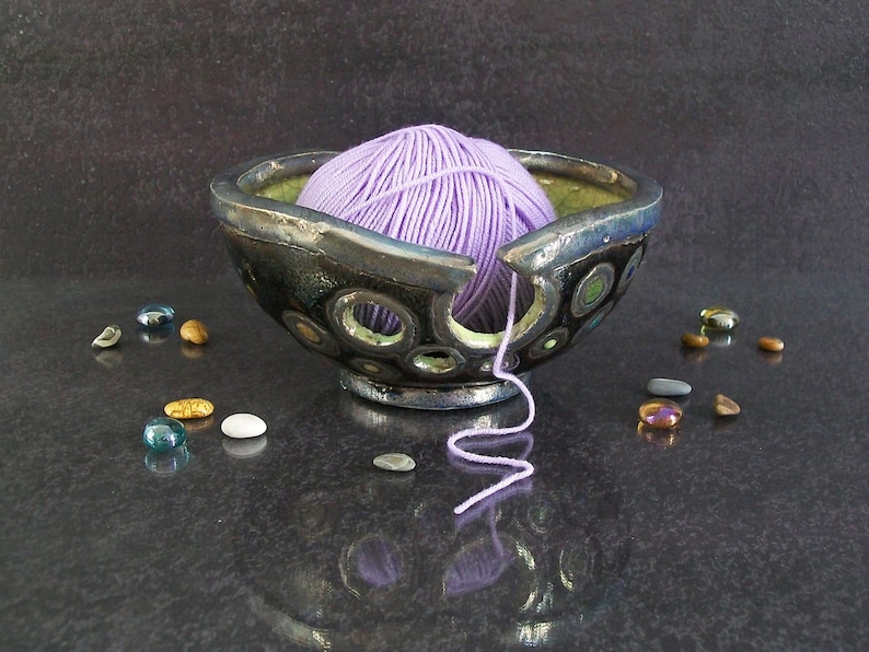 handmade yarn holder gift for knitters raku bowl ceramic knitting bowl raku pottery bronze yarn bowl crochet bowl bowl for knitting