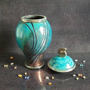 Raku elegant cremation urn for ashes turquoise crackle glaze with black stripes pattern, for human or pet, various colors and size available image 3
