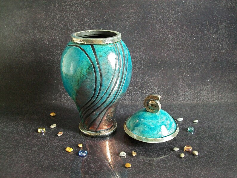 Raku elegant cremation urn for ashes turquoise crackle glaze with black stripes pattern, for human or pet, various colors and size available image 3