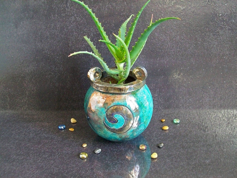 Raku Pottery Sphere Planter Pot Cauldron Planter Blue Etsy
