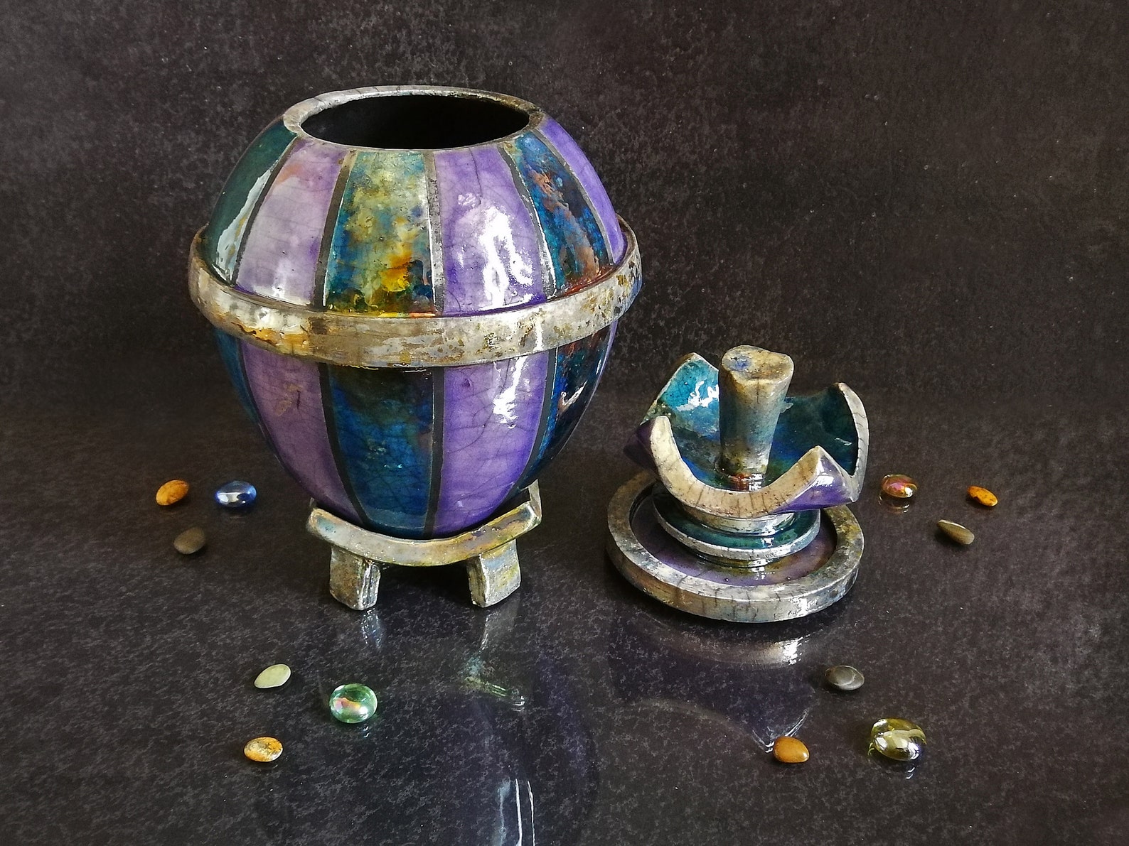 Ceramic Raku Lotus Flower Urn Decorated With Vertical Stripes Etsy