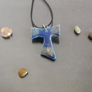 raku pottery blue tau cross pendant, tau necklace, saint francis cross, franciscan tau, catholic jewelry, tau jewelry, first communion cross image 7