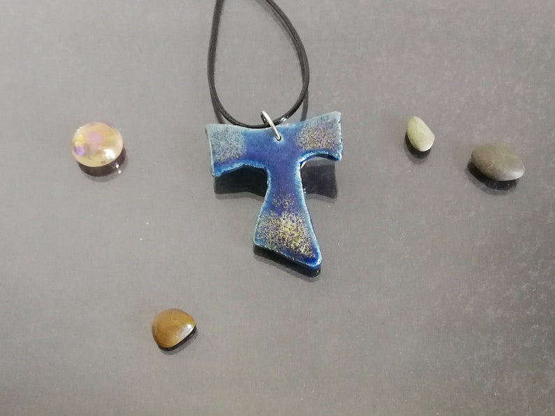 raku pottery blue tau cross pendant, tau necklace, saint francis cross, franciscan tau, catholic jewelry, tau jewelry, first communion cross image 7