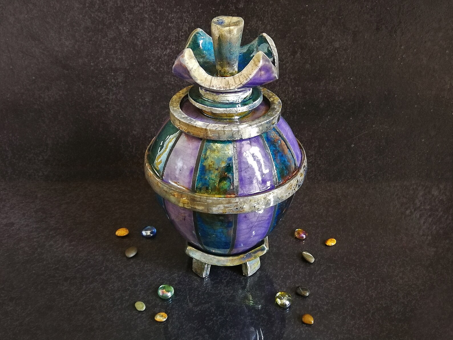 Ceramic Raku Lotus Flower Urn Decorated With Vertical Stripes Etsy
