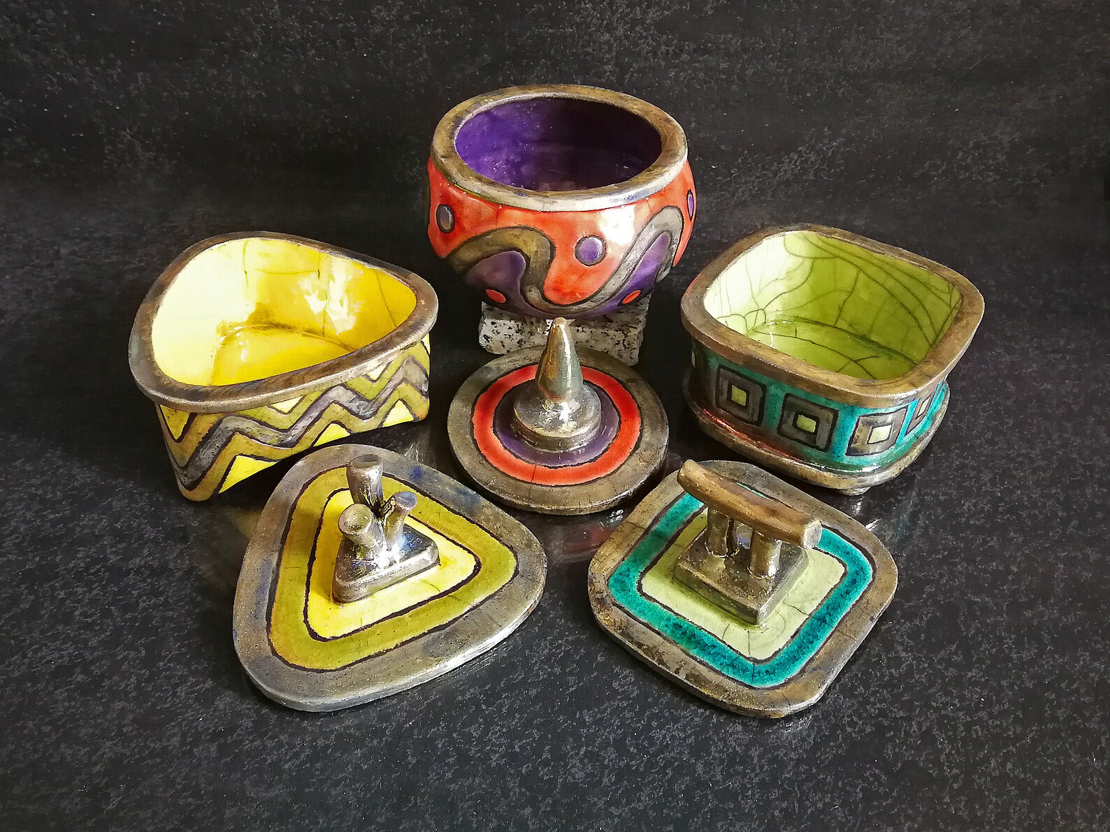 Raku Ethnic Geometric Jewelry Boxes – Handmade Colorful Ceramic Jars ...